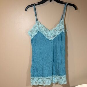Vtg Xhilaration Y2K Teal Crinkle Top S Lace Trim Babydoll Fairy Coquette Teal